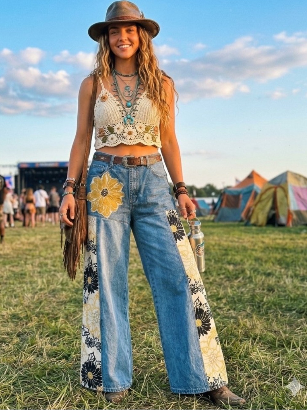 Artsy Upcycled OOAK Boho Gaucho Jeans Lagenlook Magnolia Festival Palazzo sz 36